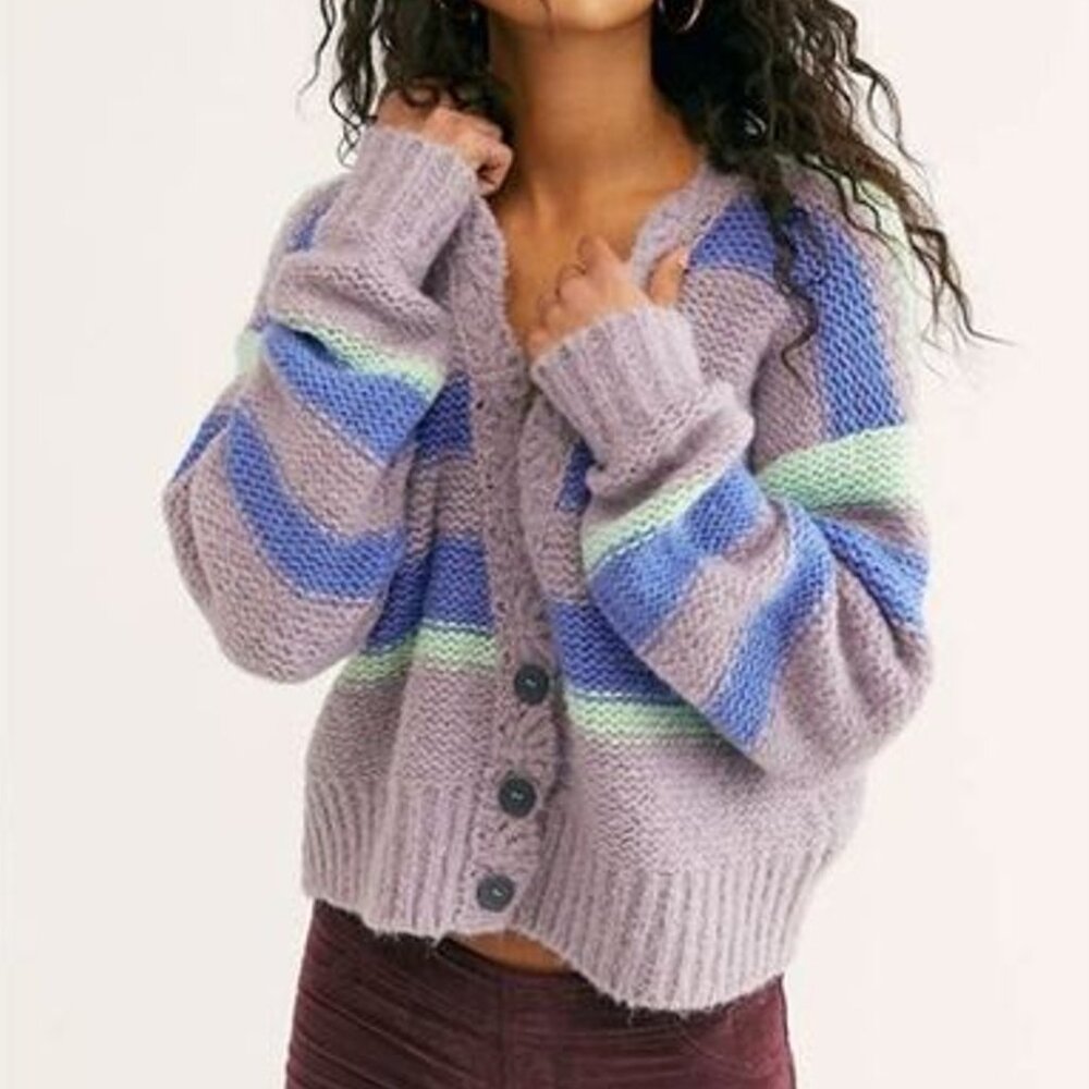 Free People Lavender Stripe Knit Cardigan with Blue and Mint Accents